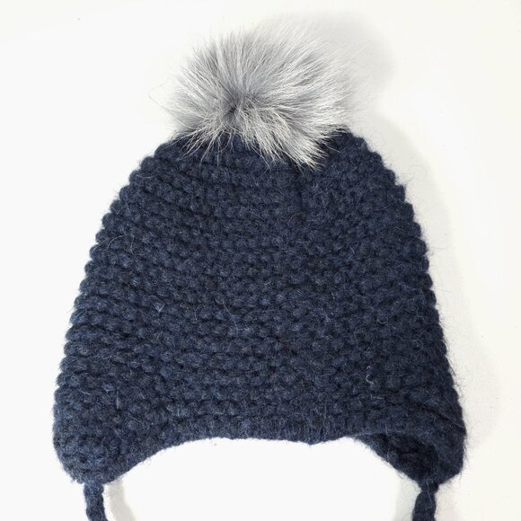 INVERNI Blue Beanie Hat Baby Alpaca Wool Knit Made in Italy Real Fur Pompoms - Picture 2 of 7